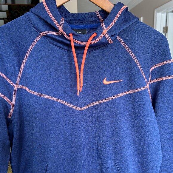 Nike Dri-Fit Navy Coral Funnel Neck Contrast Stitch Pullover Hoodie Womens Sz L - Picture 3 of 9